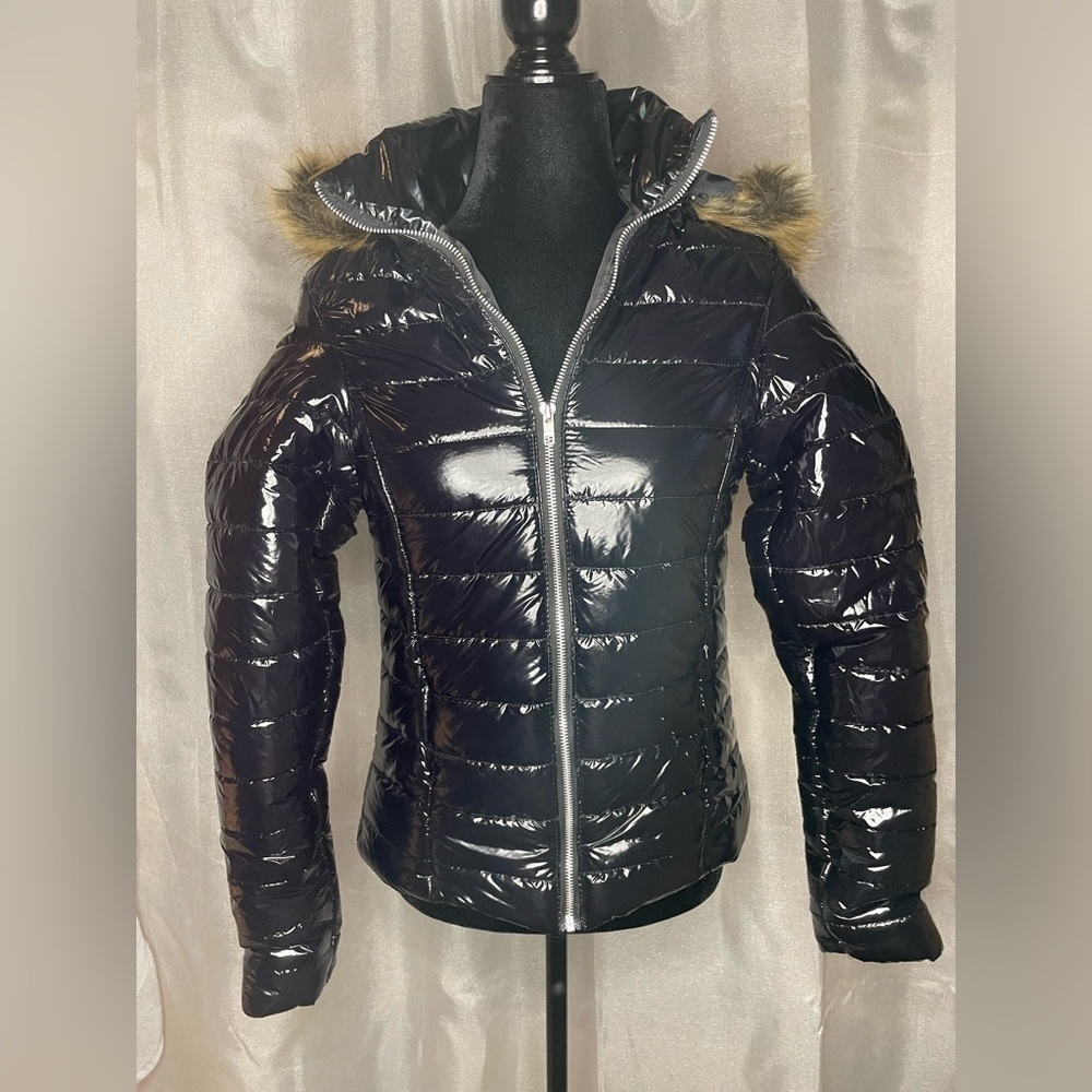 Boohoo petite high shine faux fur trim hooded coat Size S (6) New